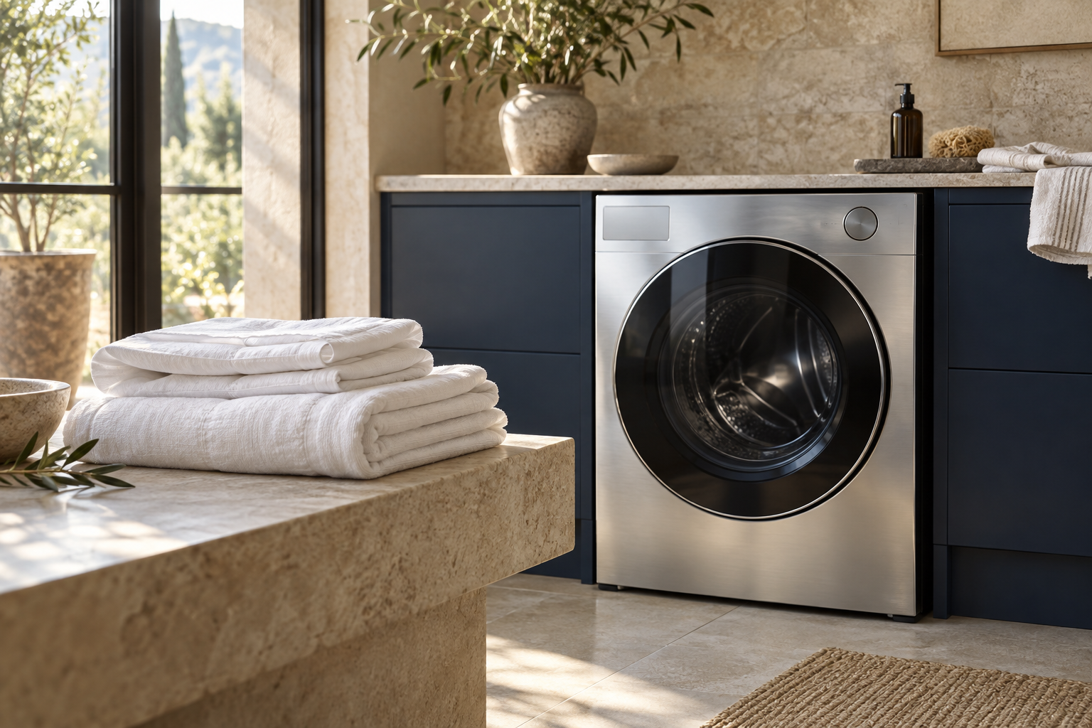 Folded white linen and an unbranded silver washing machine in a bright interior